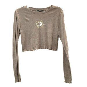 Forever 21 Long Sleeve Crop Top Sun Moon Evil Eye Spiritual Gray Womens Small